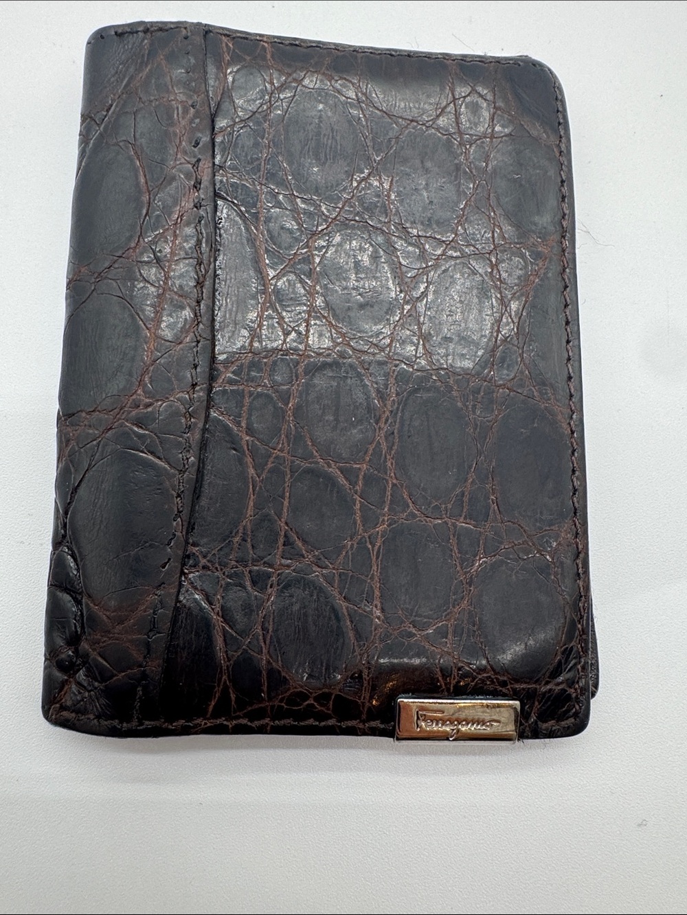 Salvatore Ferragamo Brown Croc-Embossed Leather Card Holder wallet